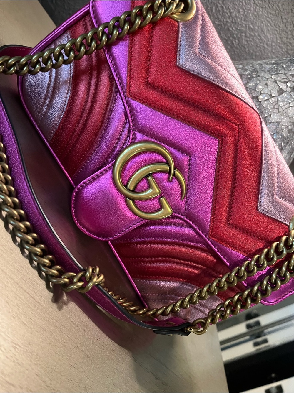 Gucci Chevron Shoulder Bag in Pink, Red & Purple - Picture 14 of 17